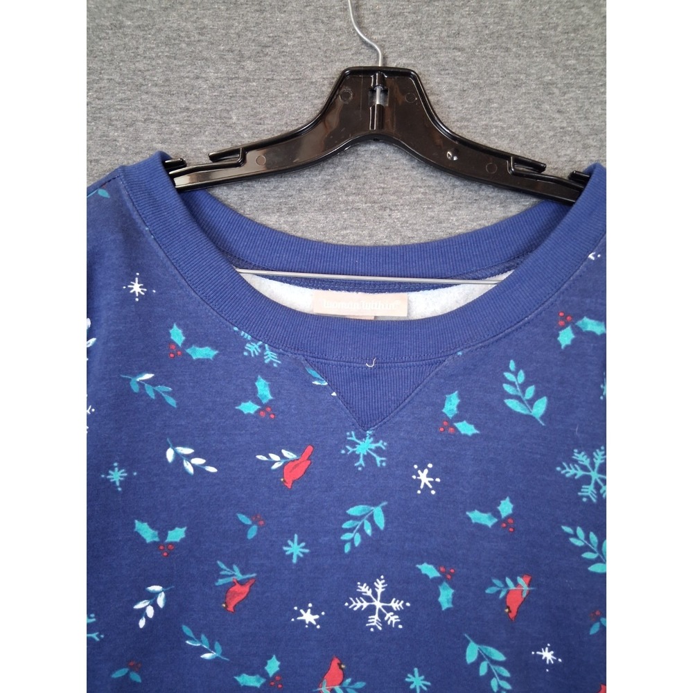 Woman‎ Within Sweatshirt 3X Blue Red Cardinal Holly All Over Print Winter Cozy